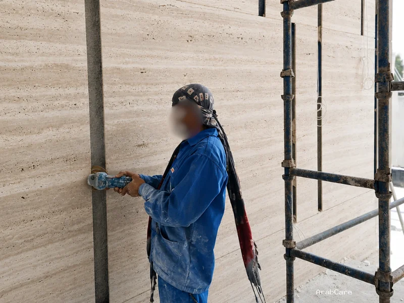 Stone cladding feature wall installation by ArabCare in a Dubai residence