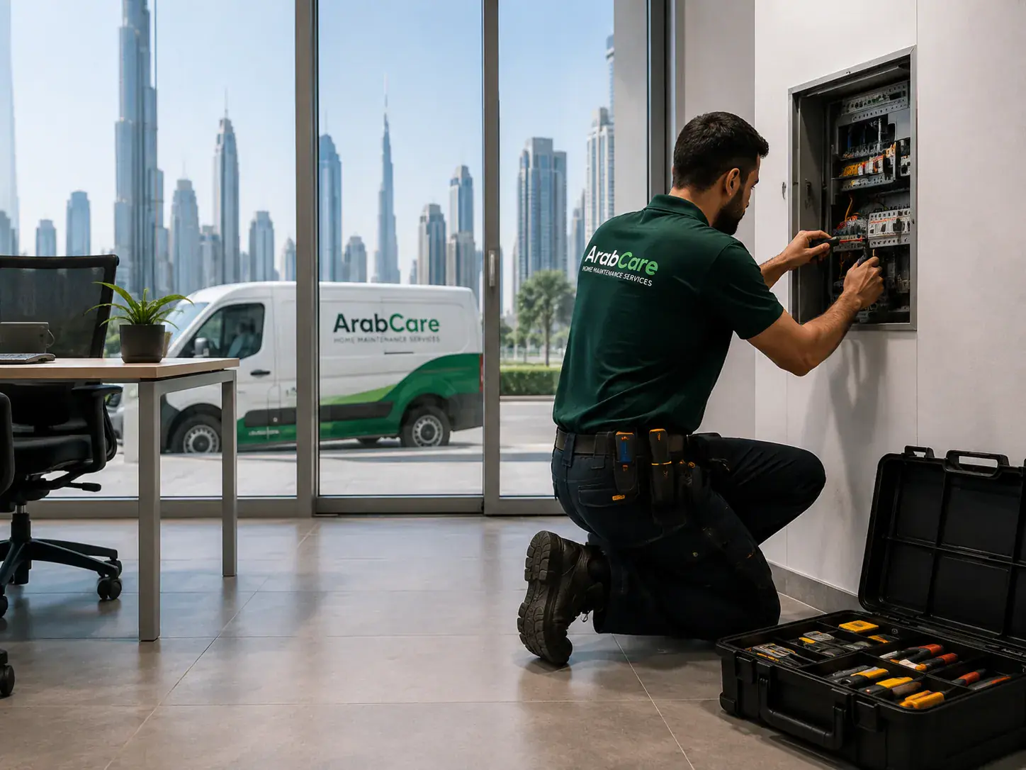 Branded ArabCare van parked outside a Dubai office building