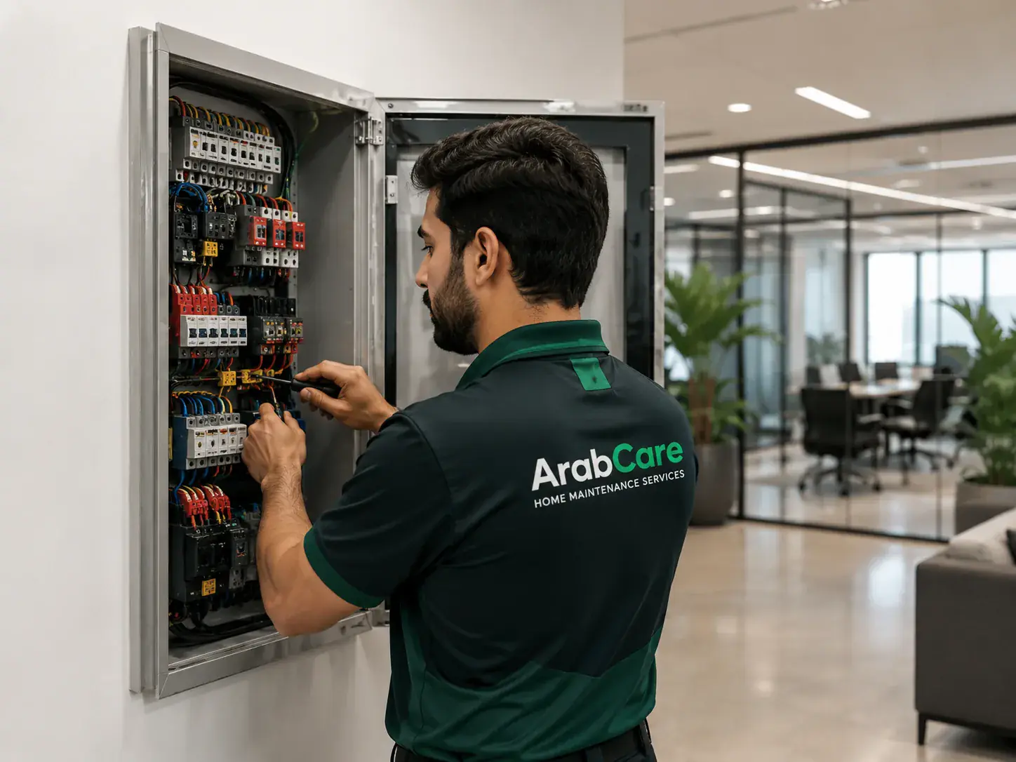 Electrician working on an office distribution board in Dubai