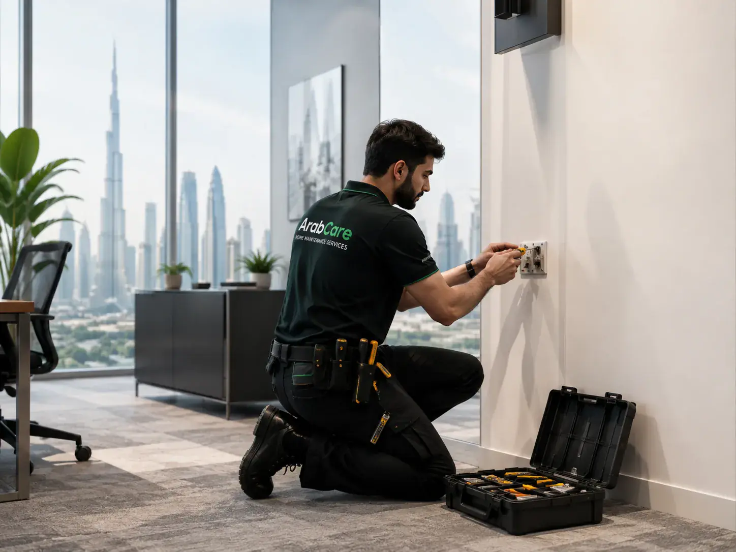 ArabCare technician repairing an office wall socket
