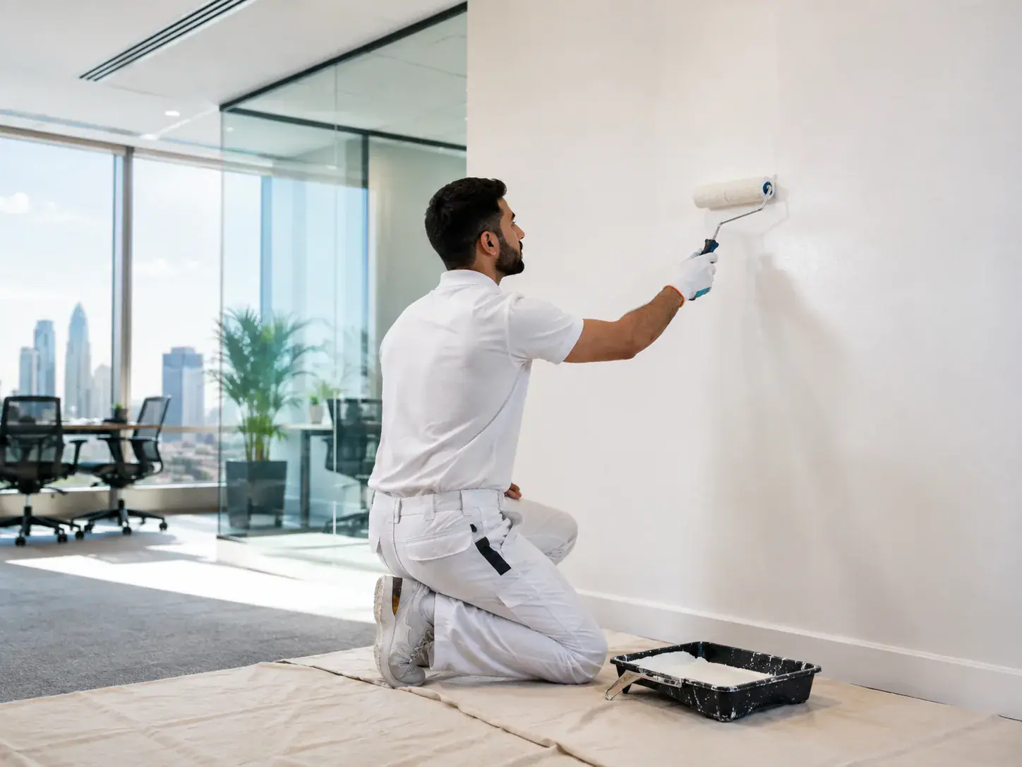 Painter rolling fresh paint onto an office wall