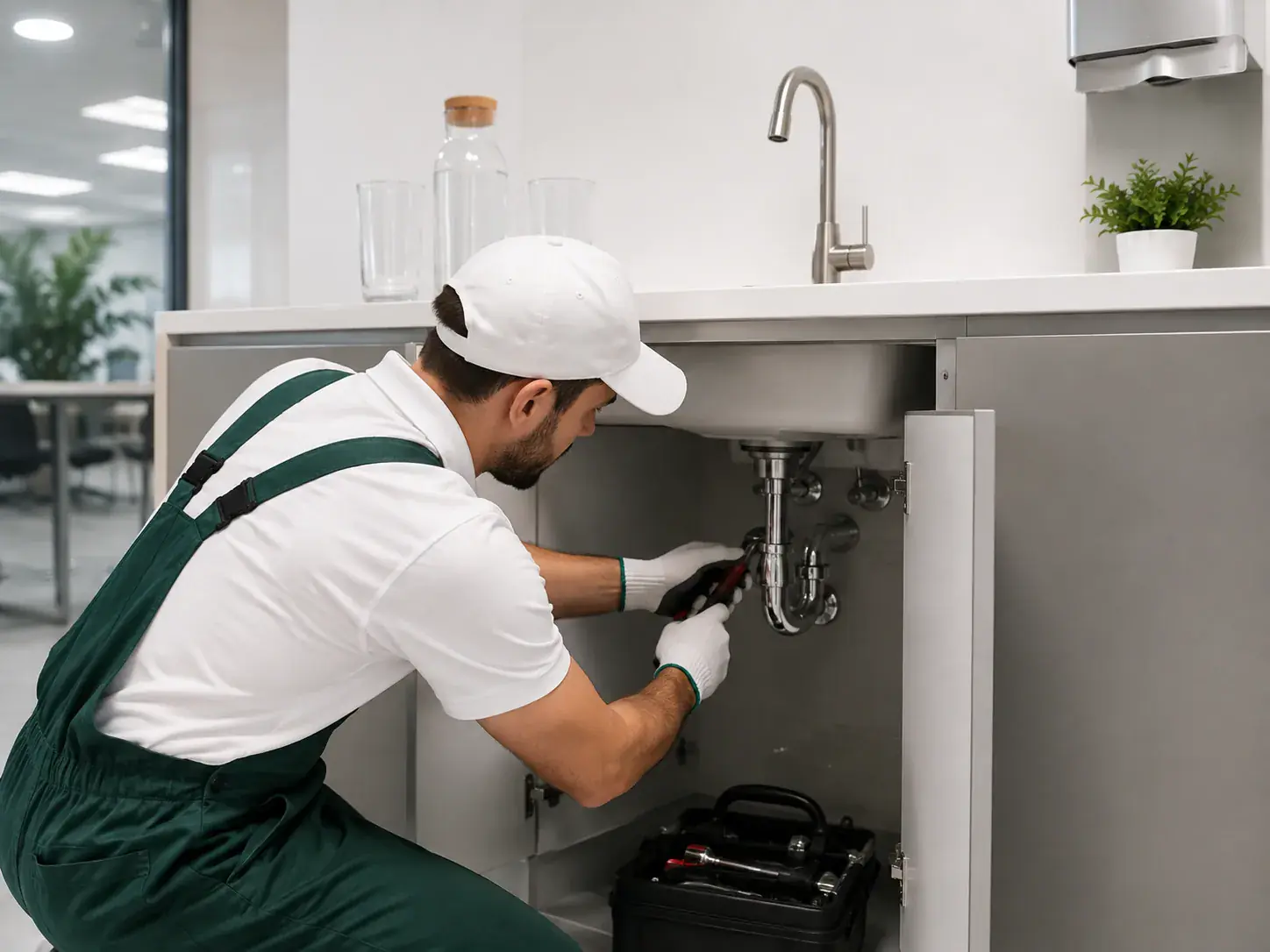 ArabCare plumber servicing pipework under an office pantry sink