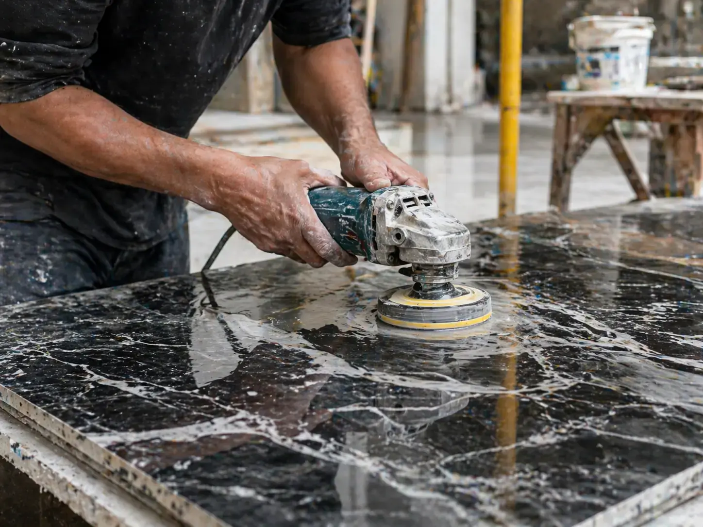 Diamond polishing pass on a marble floor in a Downtown Dubai apartment