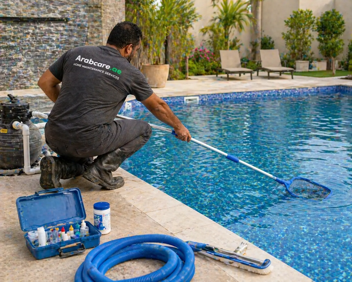 ArabCare technician inspecting pool plant equipment at a villa