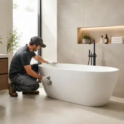 Freestanding bathtub being positioned in a Dubai bathroom