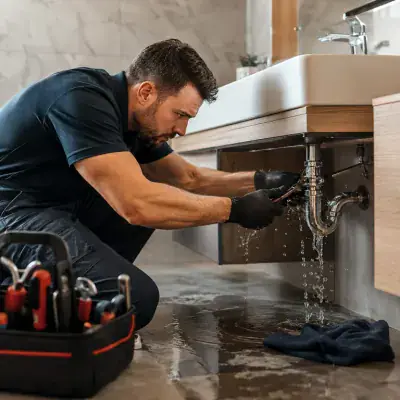 Urgent leak under a bathroom basin being repaired in Dubai