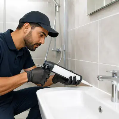 ArabCare technician sealing a bathroom basin connection