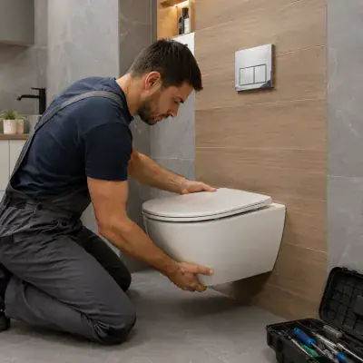 Wall-hung toilet pan being fitted by an ArabCare technician