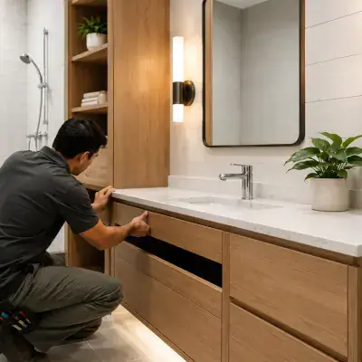 Bathroom vanity unit being installed in a Dubai home