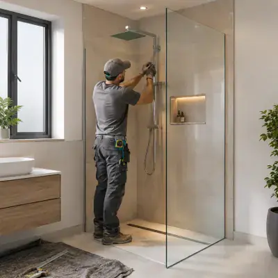 Frameless glass walk-in shower being installed in Dubai