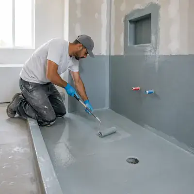 Waterproof coating applied to a shower floor before tiling