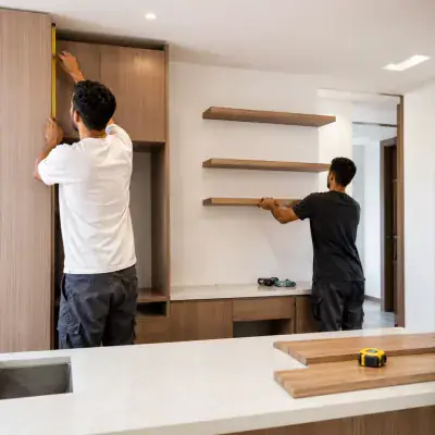 Floating shelves and cabinetry being fitted in a Dubai home