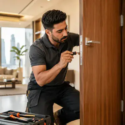 ArabCare carpenter fitting a door lock in Dubai