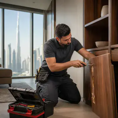 Carpenter adjusting a cabinet door in a Dubai apartment