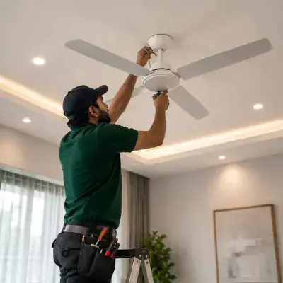 ArabCare electrician installing a ceiling fan in Dubai