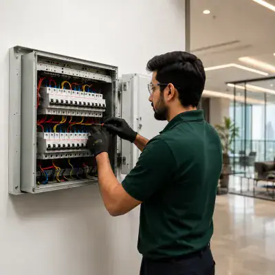 ArabCare electrician working on a distribution board in Dubai