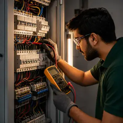 ArabCare electrician testing a live board with a multimeter