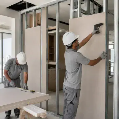 Gypsum partition wall being boarded by ArabCare
