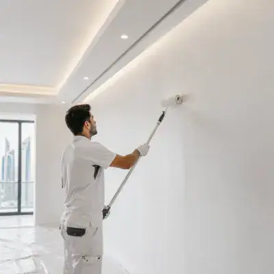 Wall being roller painted after gypsum finishing in Dubai