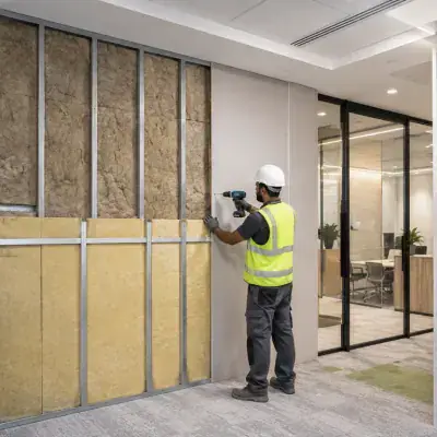 Acoustic insulation being fitted inside an office partition