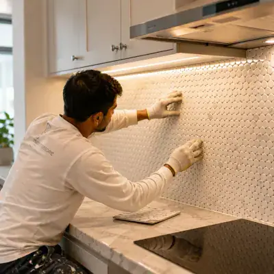 Kitchen backsplash tiles being fitted above a hob