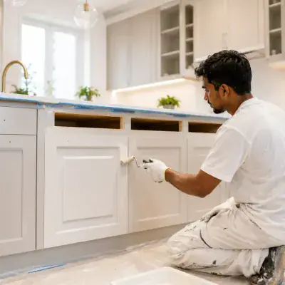Kitchen cabinet doors being refinished by ArabCare