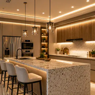 Pendant and cove lighting in a finished Dubai kitchen