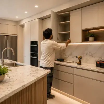 Modular kitchen cabinets being fitted in Dubai