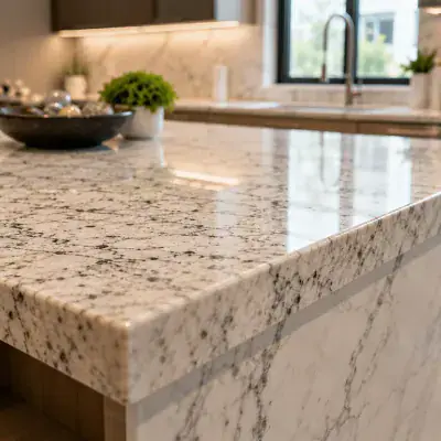 Quartz kitchen countertop with a mitred edge profile