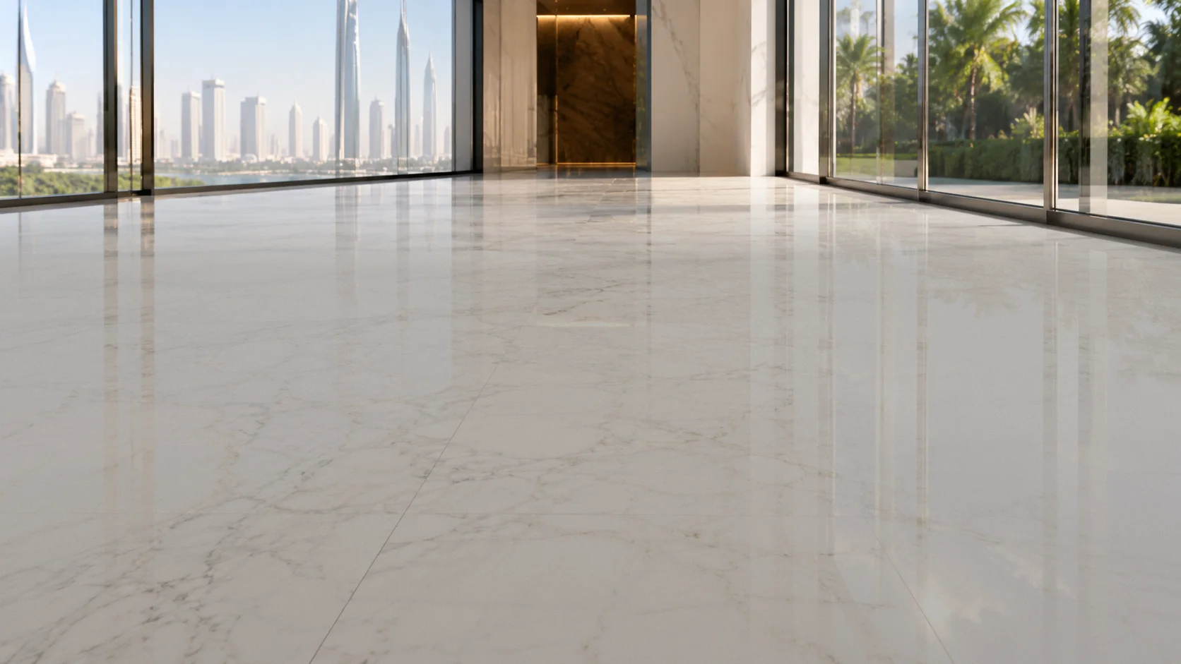 Dull marble floor before restoration in a Dubai property