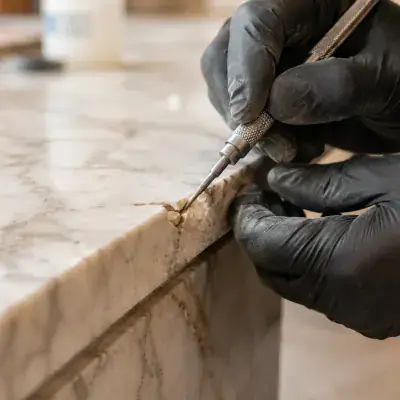 Chipped marble edge being repaired in Dubai