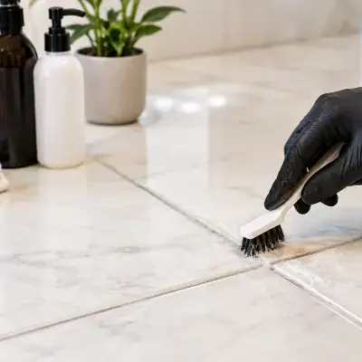 Grout lines being cleaned and sealed on a marble floor