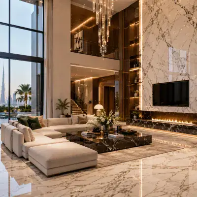 Luxury Dubai villa interior with restored marble floors