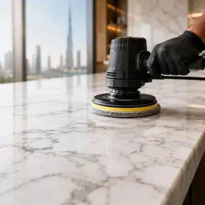 ArabCare technician polishing a marble floor in Dubai
