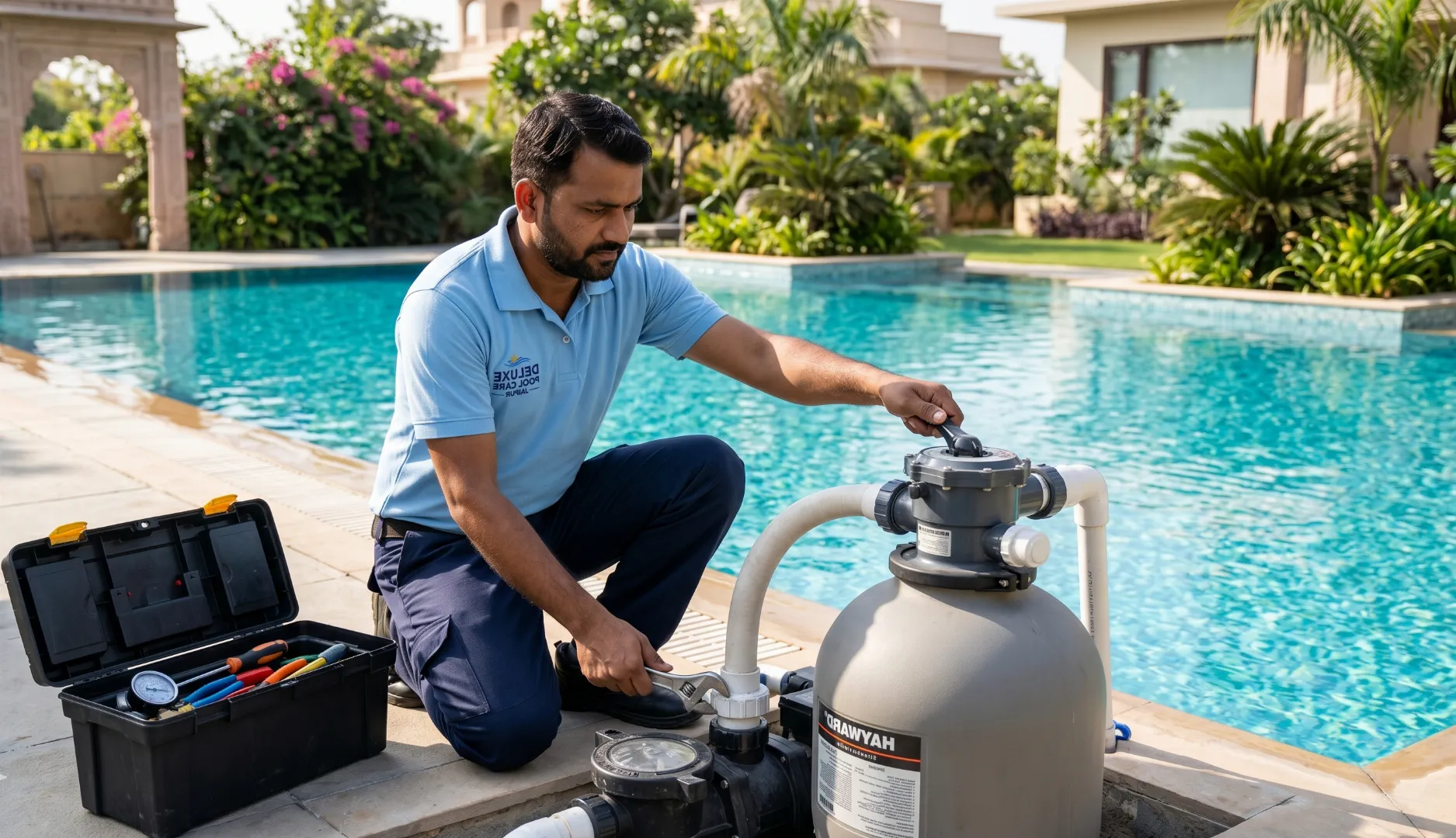 Technician cleaning a crystal-clear villa swimming pool in Dubai