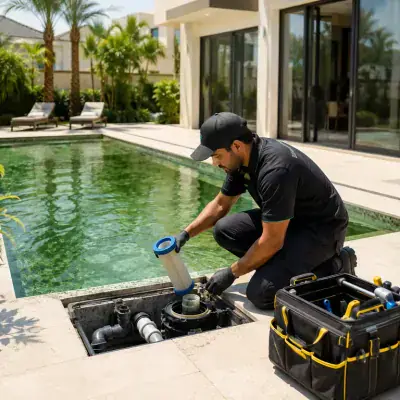 Green pool water being treated urgently at a Dubai villa