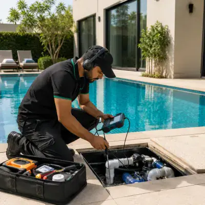 Pool equipment being pressure tested for leaks in Dubai