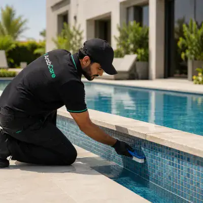 Waterline pool tiles being scrubbed clean in Dubai