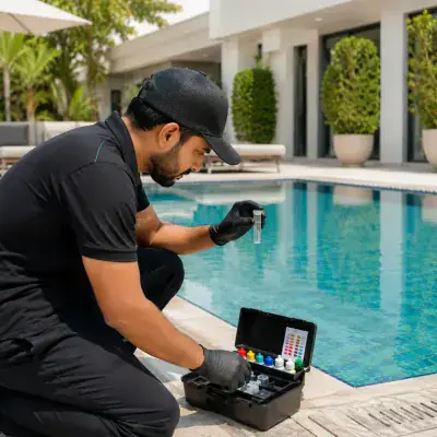 Pool water being tested with a chemistry kit in Dubai