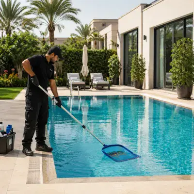 ArabCare technician skimming a villa pool in Dubai