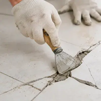 Repairing a cracked floor tile joint with a trowel