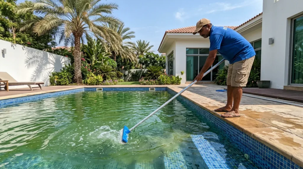 Technician brushing algae from a green villa pool in Dubai