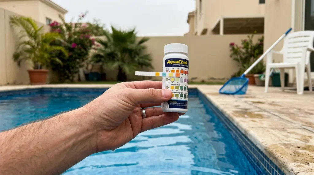 Testing pool water chemistry with a test strip against a colour chart in Dubai